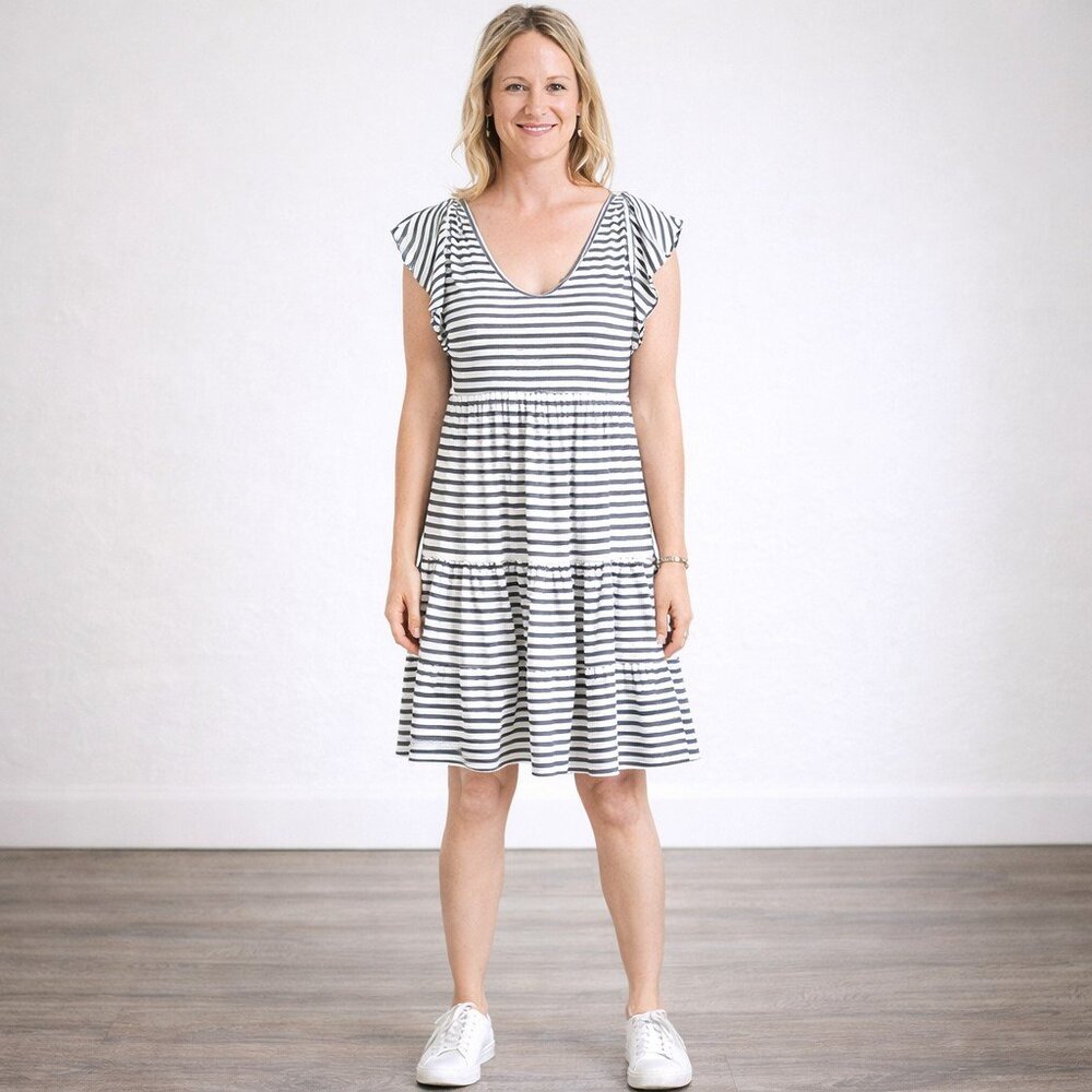Max Studio Coastal Cool Tiered Stripe Dress M – Soft Rayon Blend